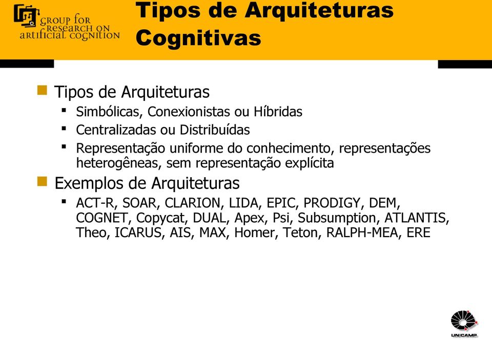 sem representação explícita Exemplos de Arquiteturas ACT-R, SOAR, CLARION, LIDA, EPIC, PRODIGY, DEM,