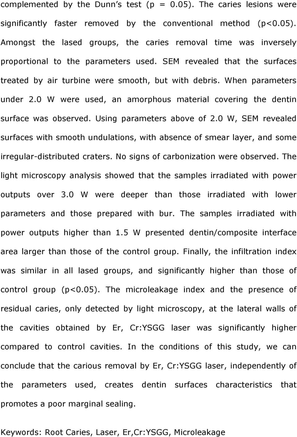 Using parameters above of 2.0 W, SEM revealed surfaces with smooth undulations, with absence of smear layer, and some irregular-distributed craters. No signs of carbonization were observed.