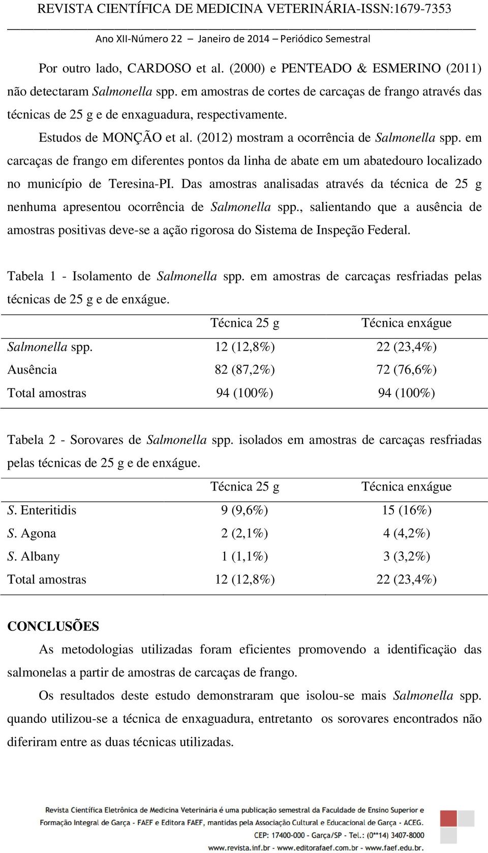 em carcaças de frango em diferentes pontos da linha de abate em um abatedouro localizado no município de Teresina-PI.