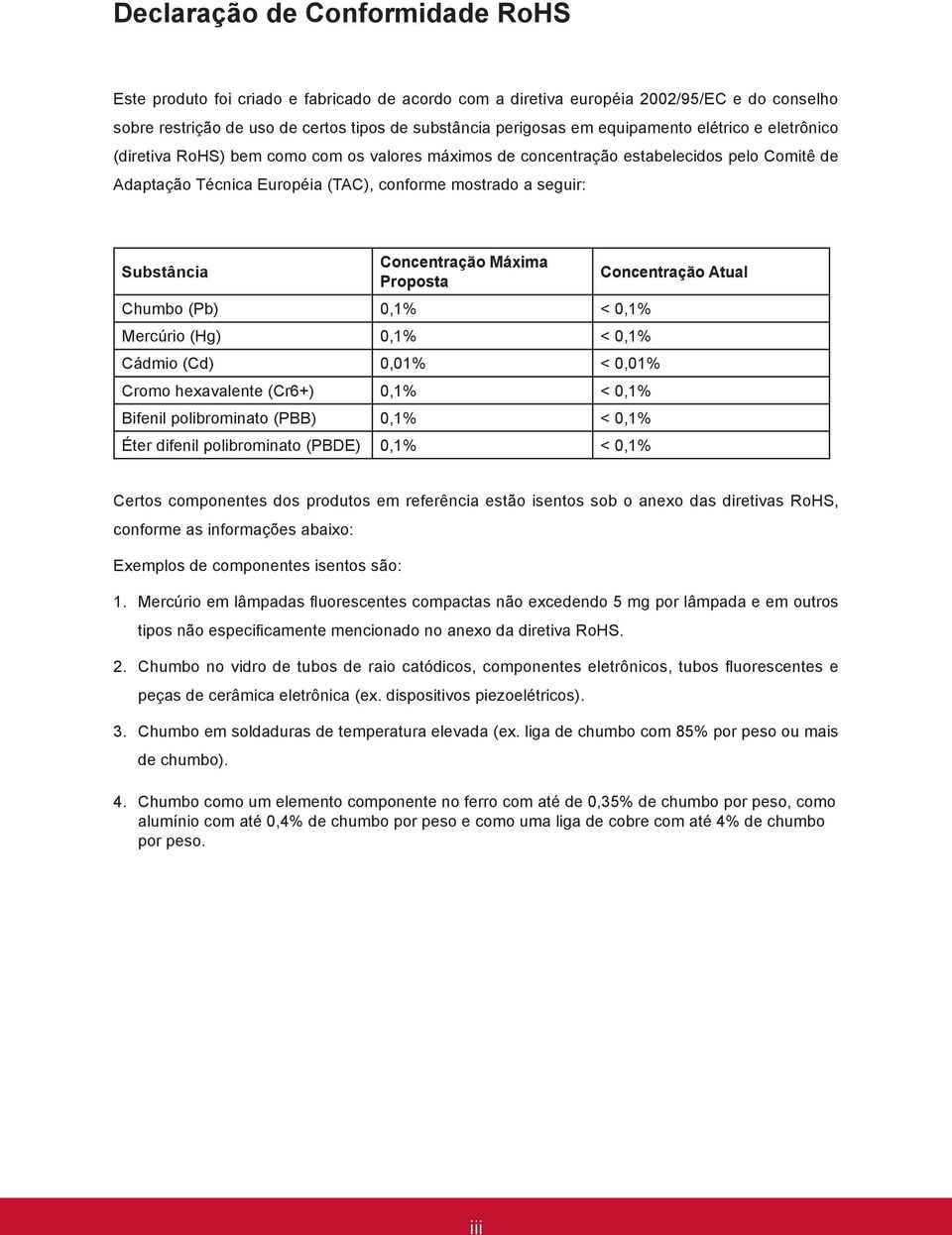 Concentração Máxima Proposta Concentração Atual Chumbo (Pb) 0,1% < 0,1% Mercúrio (Hg) 0,1% < 0,1% Cádmio (Cd) 0,01% < 0,01% Cromo hexavalente (Cr6+) 0,1% < 0,1% Bifenil polibrominato (PBB) 0,1% <