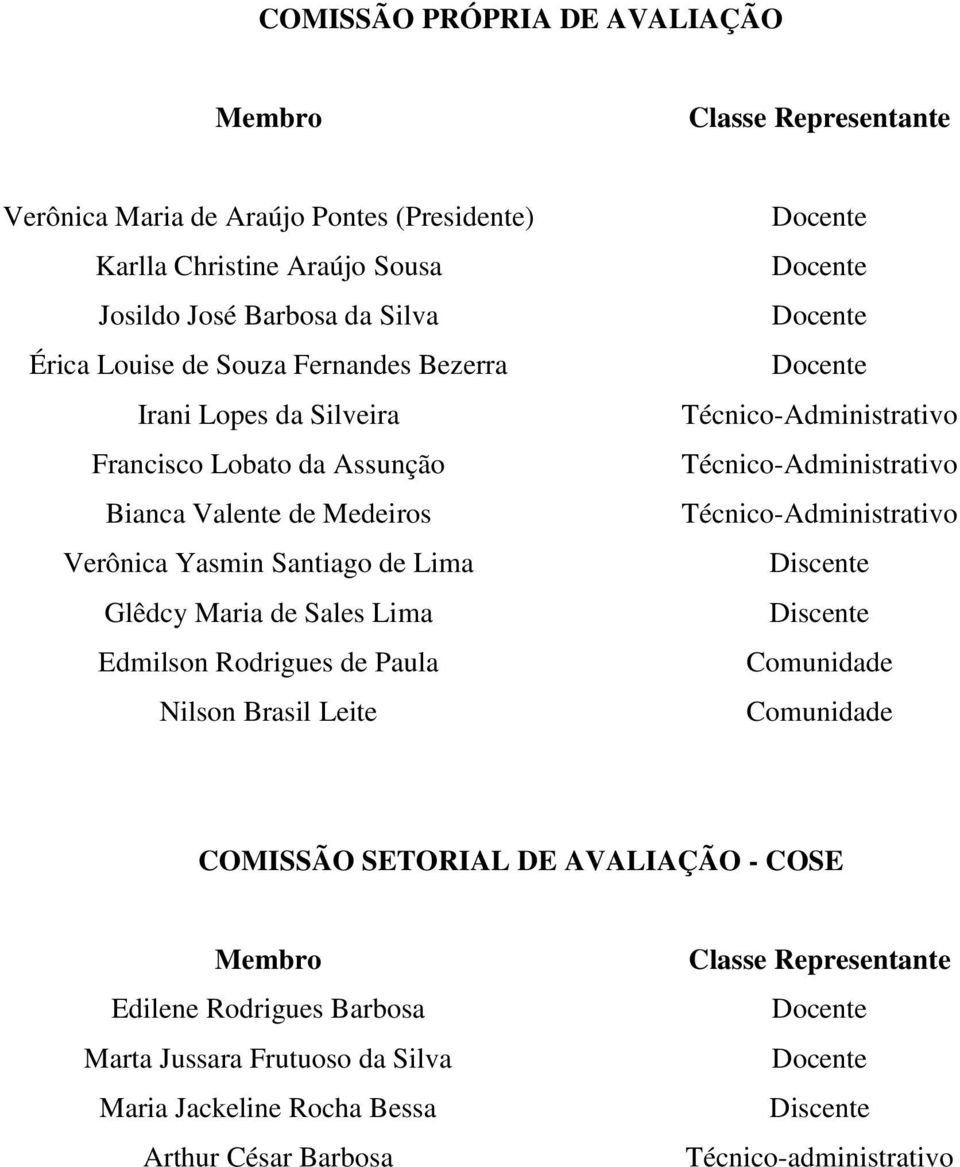 Nilson Brasil Leite Docente Docente Docente Docente Técnico-Administrativo Técnico-Administrativo Técnico-Administrativo Discente Discente Comunidade Comunidade COMISSÃO SETORIAL DE