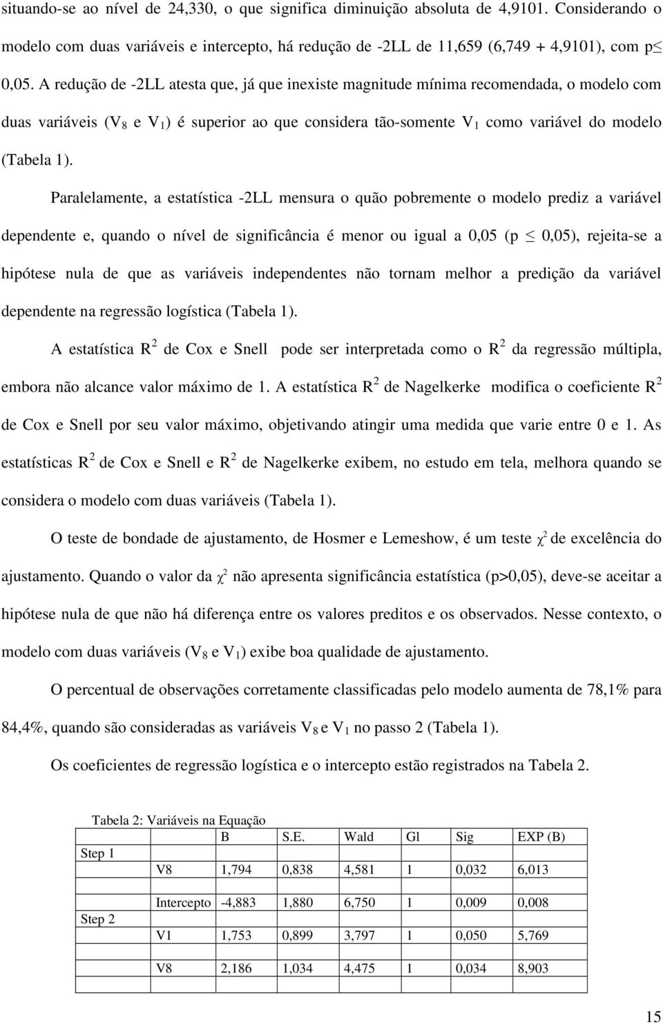 Paralelamente, a estatística -2LL mensura o quão pobremente o modelo prediz a variável dependente e, quando o nível de significância é menor ou igual a 0,05 (p 0,05), rejeita-se a hipótese nula de