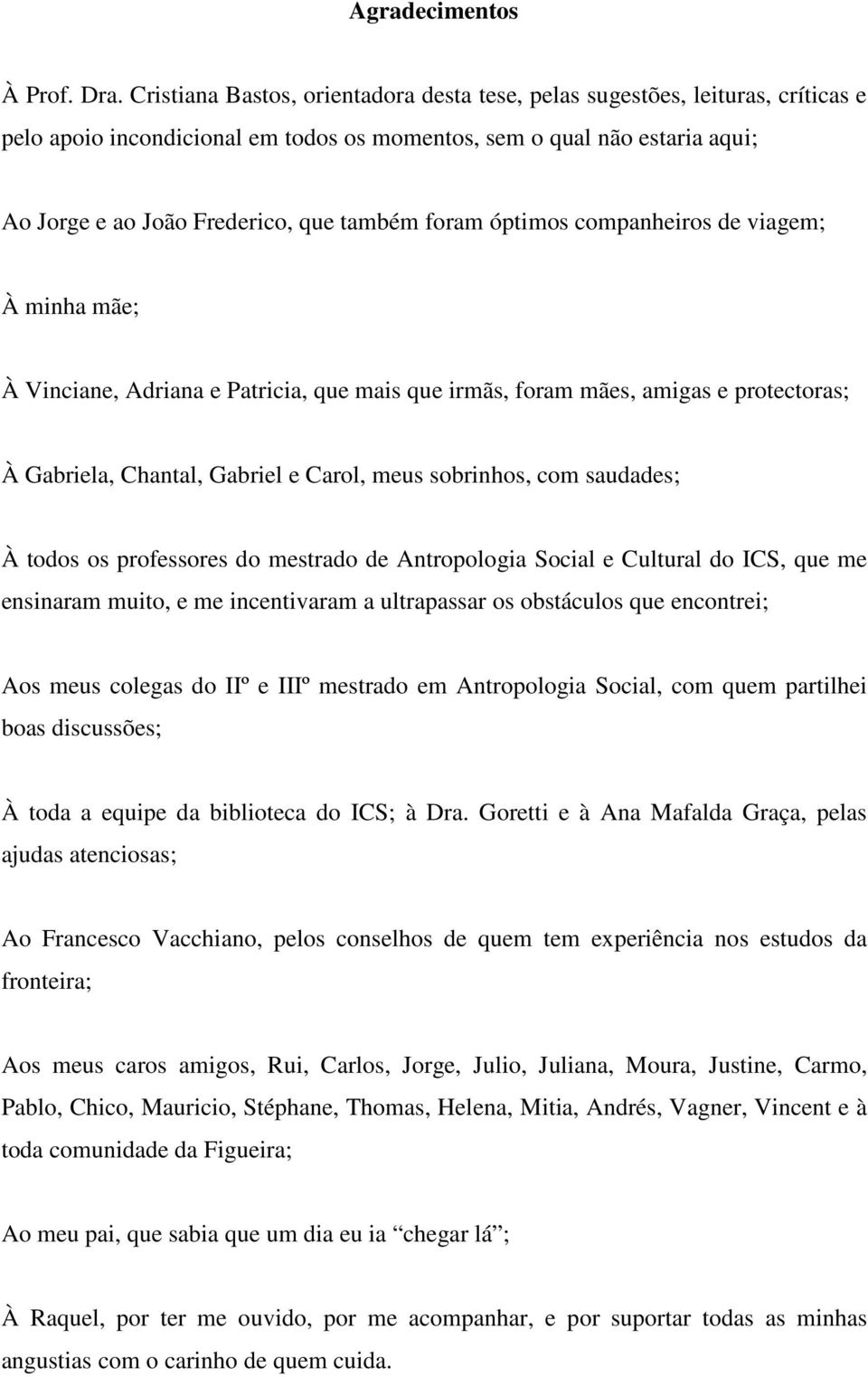 foram óptimos companheiros de viagem; À minha mãe; À Vinciane, Adriana e Patricia, que mais que irmãs, foram mães, amigas e protectoras; À Gabriela, Chantal, Gabriel e Carol, meus sobrinhos, com