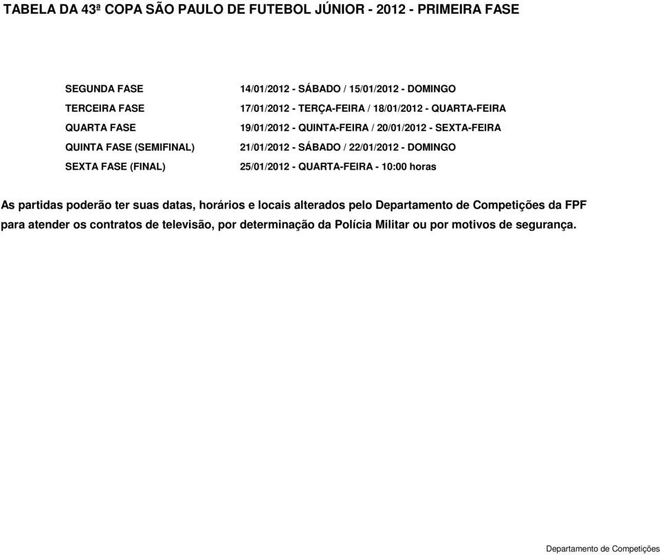 21/01/2012 - SÁBADO / 22/01/2012 - DOMINGO 25/01/2012 - QUARTA-FEIRA - 10:00 horas As partidas poderão ter suas datas,