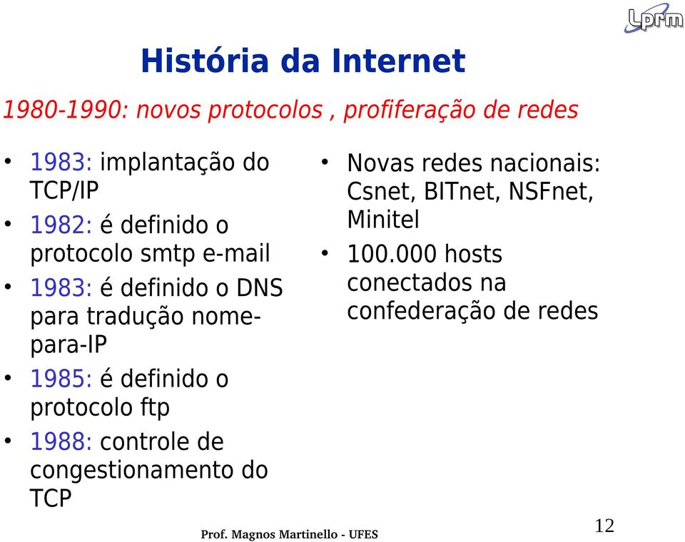 nomepara-ip 1985: é definido o protocolo ftp 1988: controle de congestionamento do TCP Novas