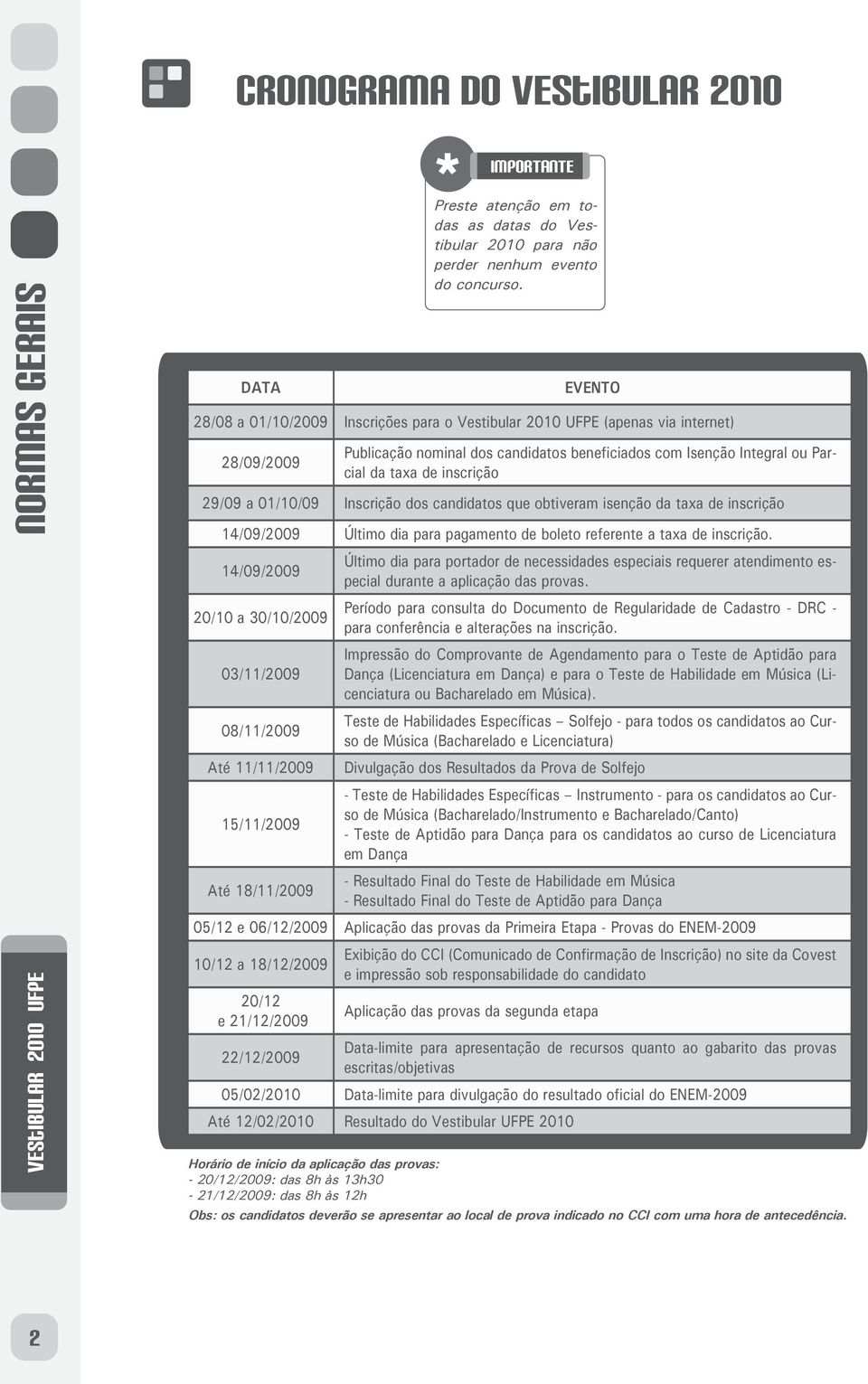 a 01/10/09 nscrição dos candidatos que obtiveram isenção da taxa de inscrição 2 Normas erais 14/09/2009 Último dia para pagamento de boleto referente a taxa de inscrição.