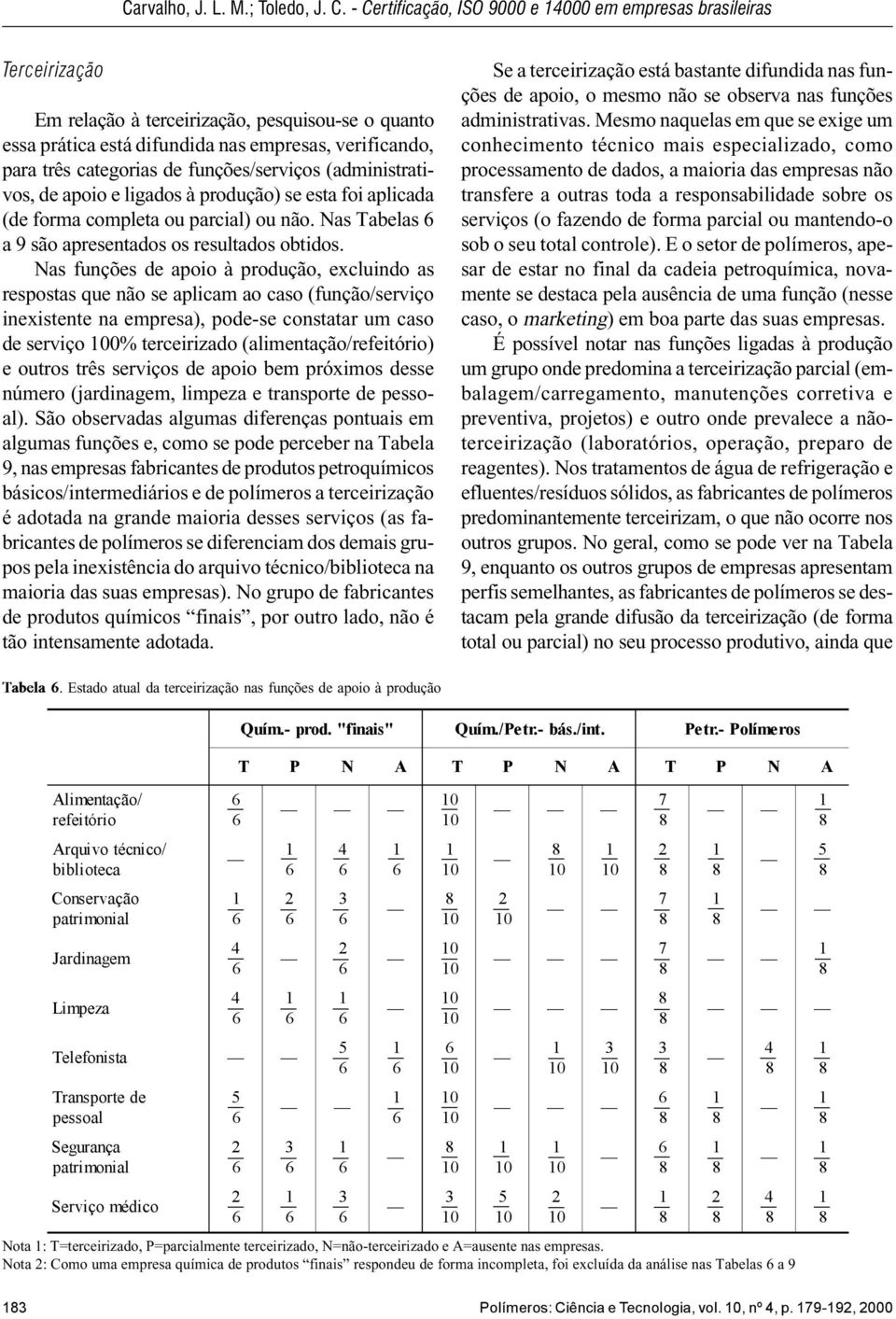 funções/serviços (administrativos, de apoio e ligados à produção) se esta foi aplicada (de forma completa ou parcial) ou não. Nas Tabelas a 9 são apresentados os resultados obtidos.