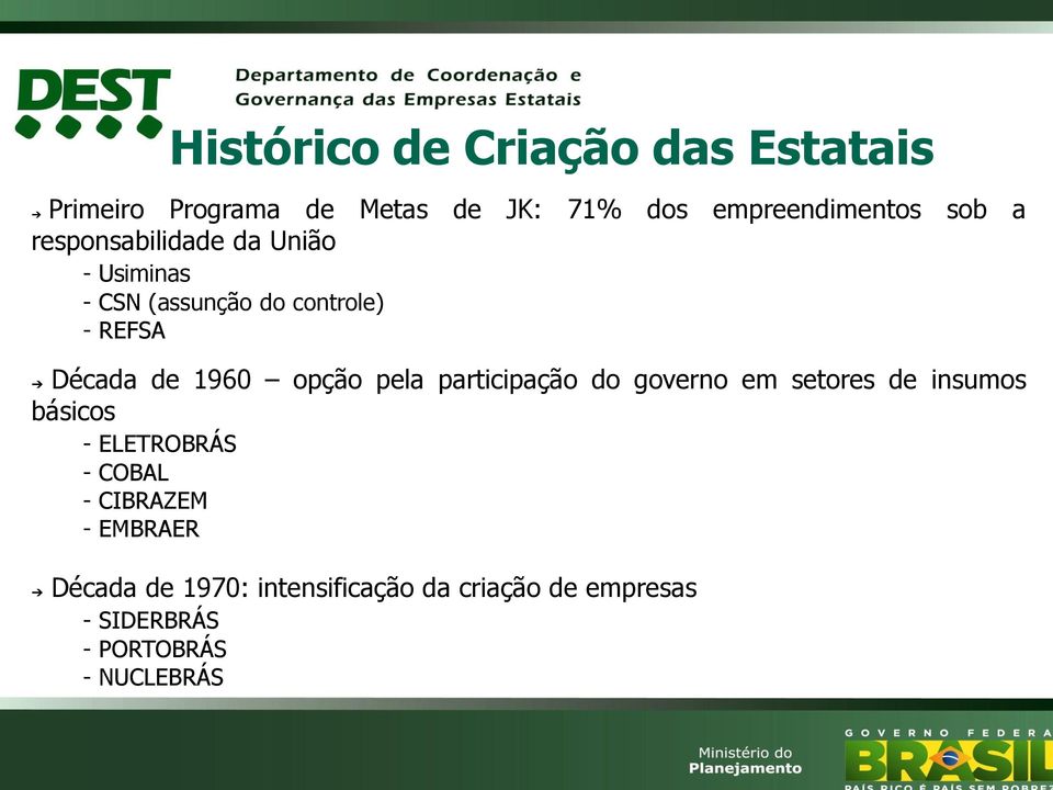 opção pela participação do governo em setores de insumos básicos - ELETROBRÁS - COBAL -