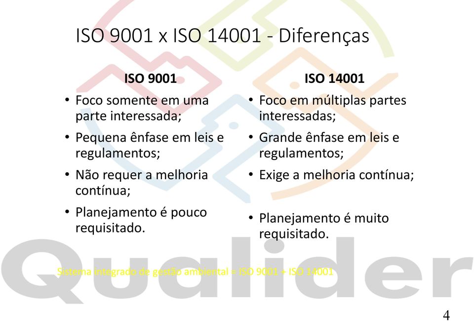 ISO 14001 Foco em múltiplas partes interessadas; Grande ênfase em leis e regulamentos; Exige a