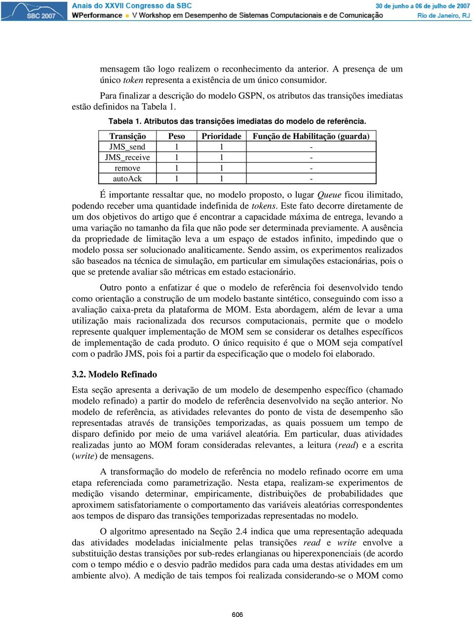 Transição Peso Prioridade Função de Habilitação (guarda) JMS_send 1 1 - JMS_receive 1 1 - remove 1 1 - autoack 1 1 - É importante ressaltar que, no modelo proposto, o lugar Queue ficou ilimitado,