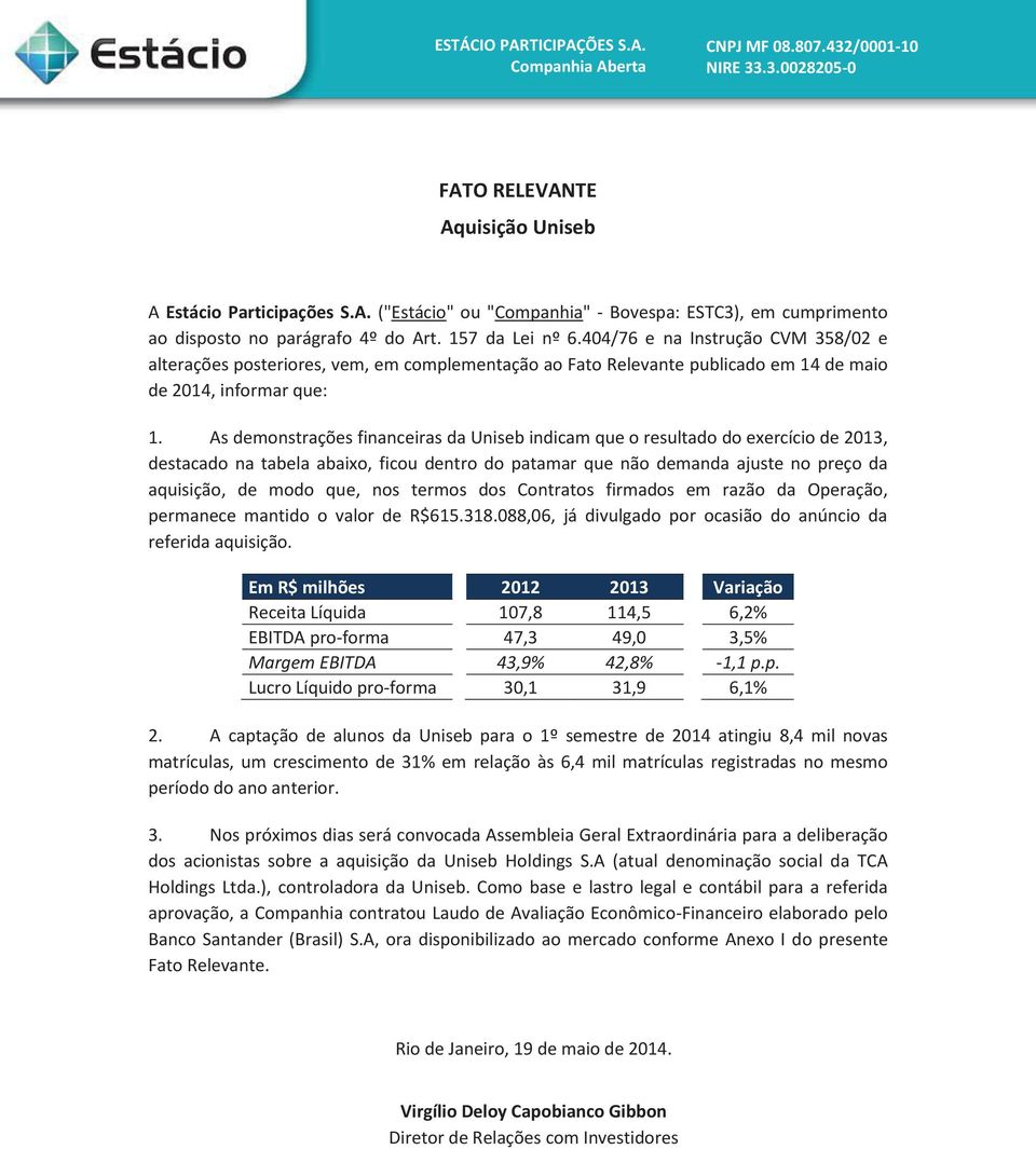 As demonstrações financeiras da Uniseb indicam que o resultado do exercício de 2013, destacado na tabela abaixo, ficou dentro do patamar que não demanda ajuste no preço da aquisição, de modo que, nos