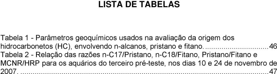 ..46 Tabela 2 - Relação das razões n-c17/pristano, n-c18/fitano, Pristano/Fitano