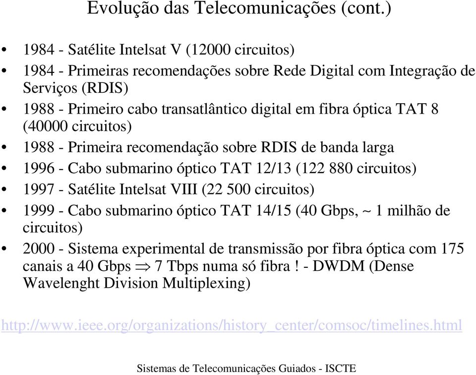 fibra óptica TAT 8 (40000 circuitos) 1988 - Primeira recomendação sobre RDIS de banda larga 1996 - Cabo submarino óptico TAT 12/13 (122 880 circuitos) 1997 - Satélite Intelsat