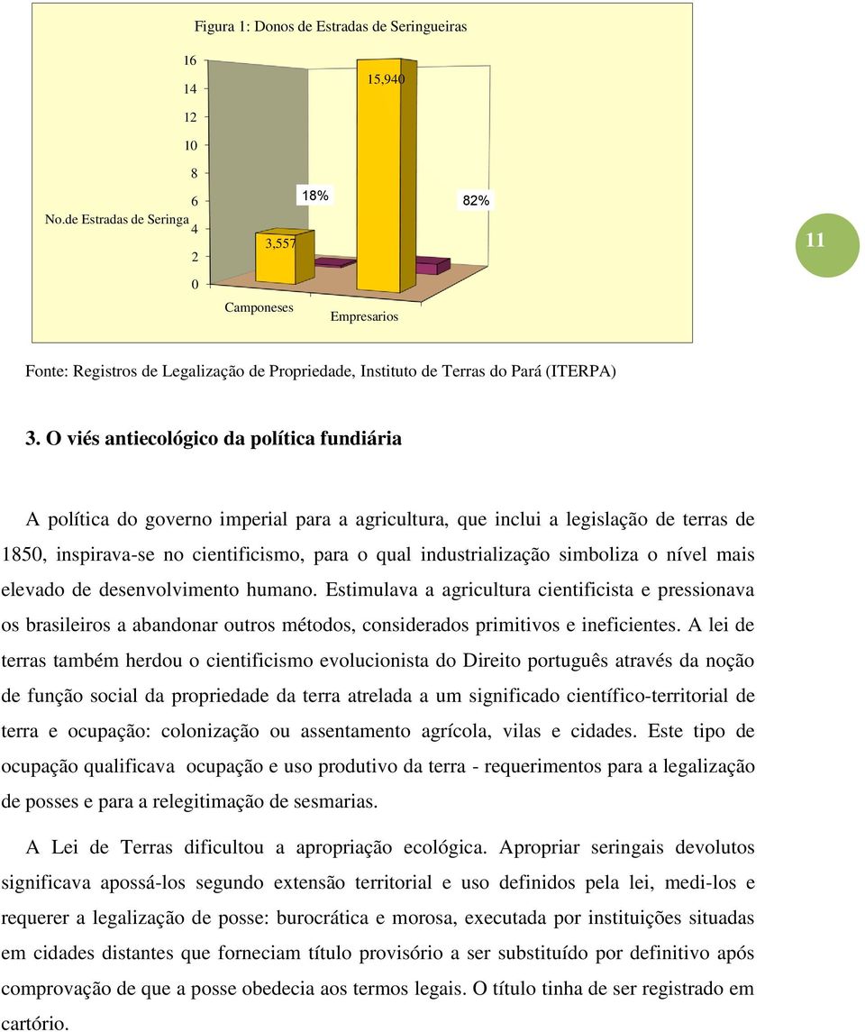 O viés antiecológico da política fundiária A política do governo imperial para a agricultura, que inclui a legislação de terras de 1850, inspirava-se no cientificismo, para o qual industrialização