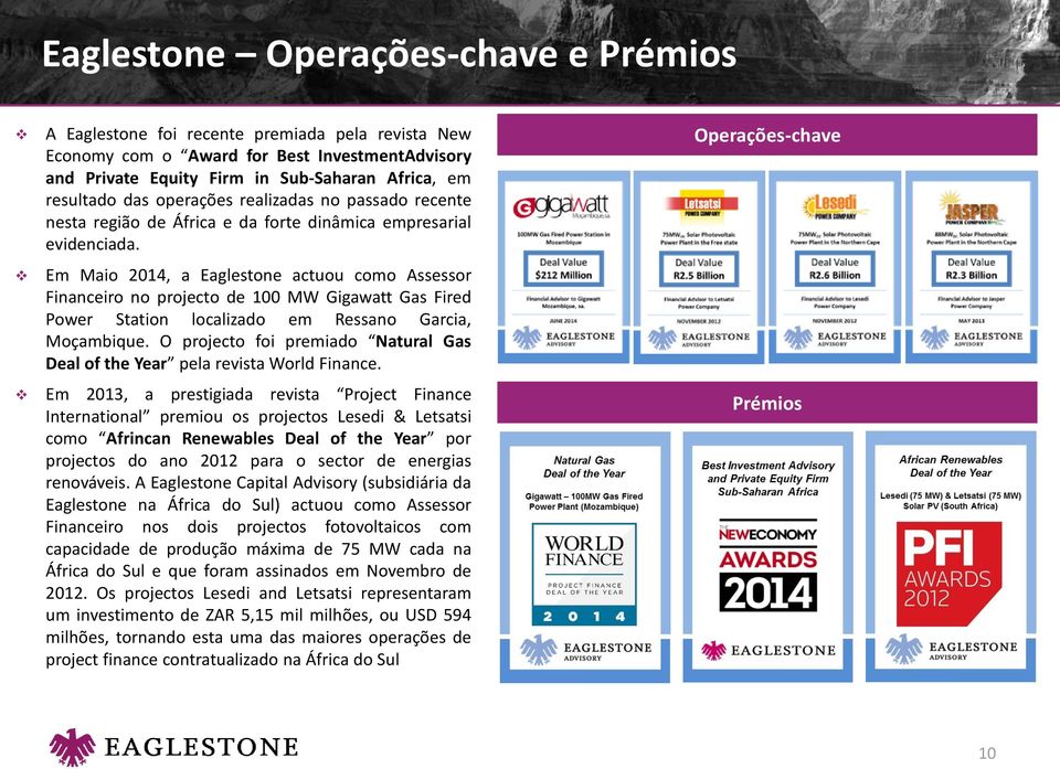 Em Maio 2014, a Eaglestone actuou como Assessor Financeiro no projecto de 100 MW Gigawatt Gas Fired Power Station localizado em Ressano Garcia, Moçambique.