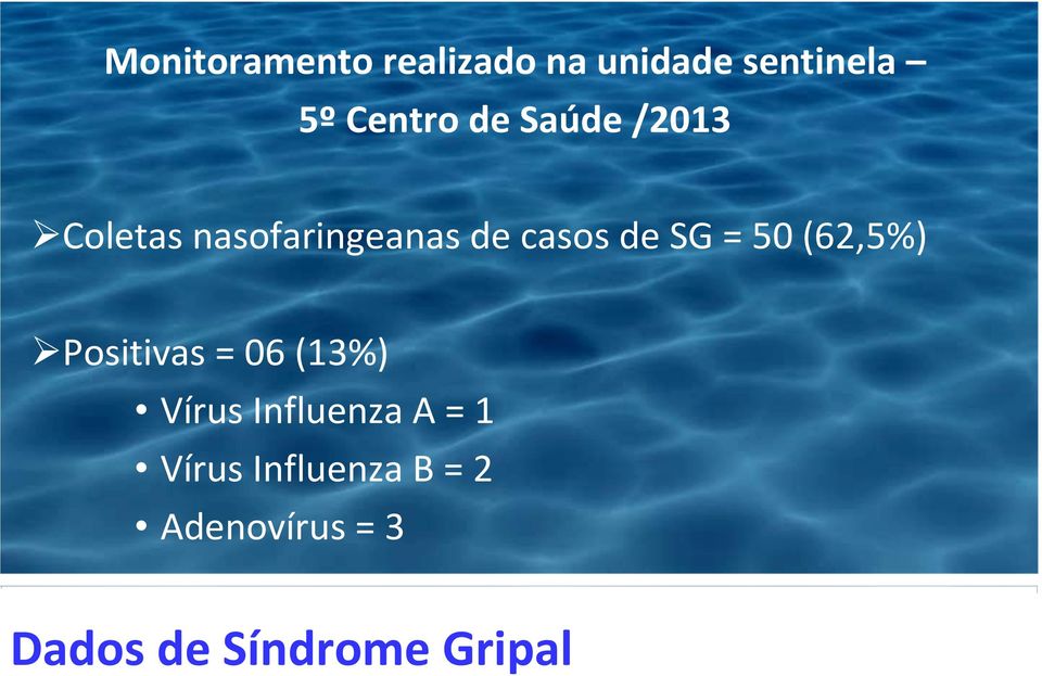 50 (62,5%) Positivas = 06 (13%) Vírus Influenza A = 1