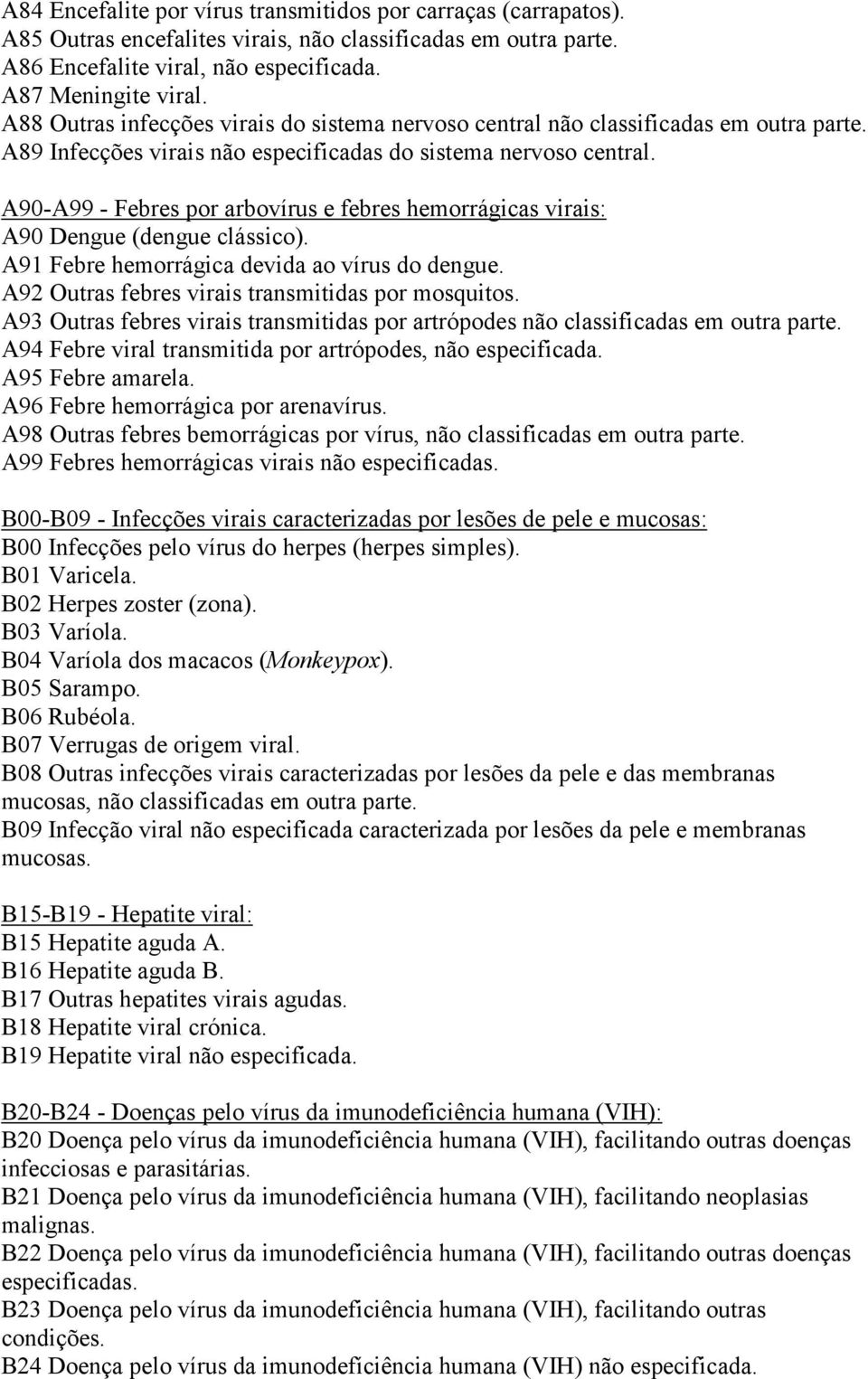 A90-A99 - Febres por arbovírus e febres hemorrágicas virais: A90 Dengue (dengue clássico). A91 Febre hemorrágica devida ao vírus do dengue. A92 Outras febres virais transmitidas por mosquitos.