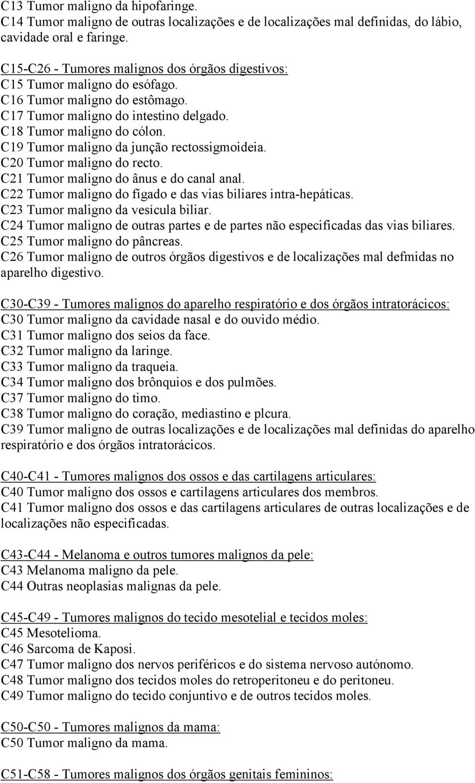 C19 Tumor maligno da junção rectossigmoideia. C20 Tumor maligno do recto. C21 Tumor maligno do ânus e do canal anal. C22 Tumor maligno do fígado e das vias biliares intra-hepáticas.