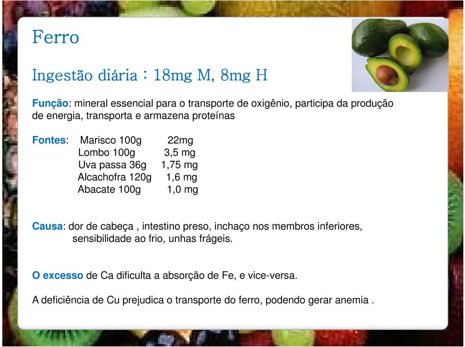 mg Abacate 100g 1,0 mg Causa: dor de cabeça, intestino preso, inchaço nos membros inferiores, sensibilidade ao frio, unhas