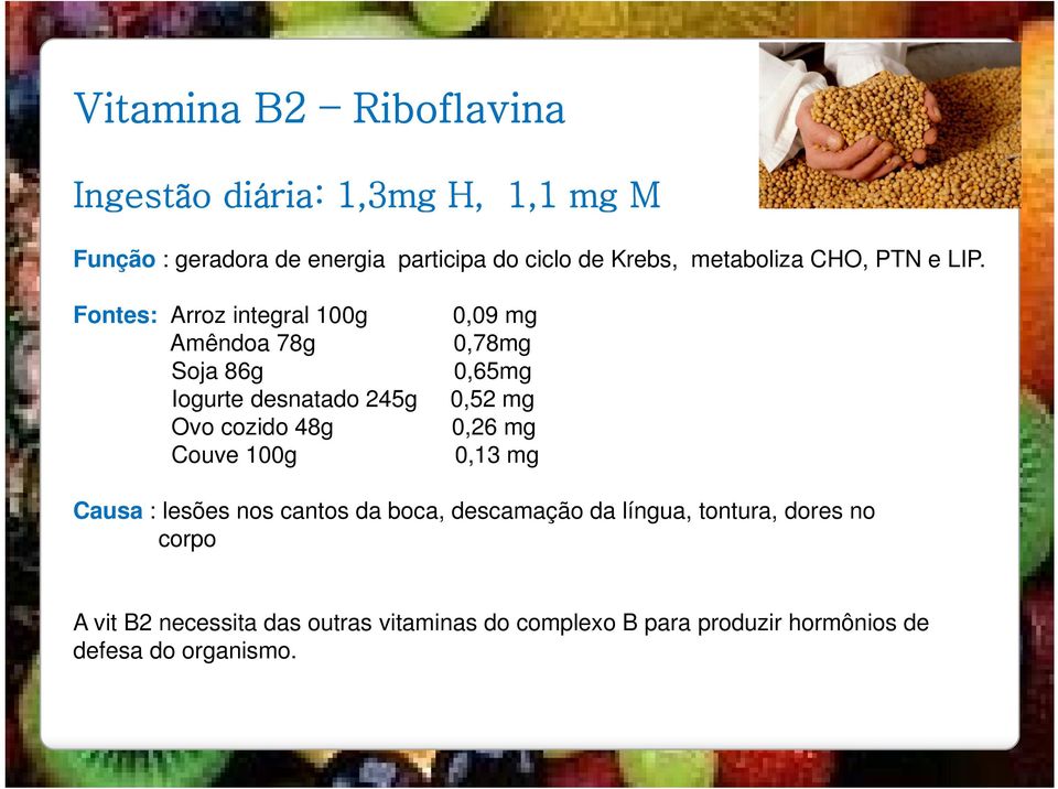 Fontes: Arroz integral 100g 0,09 mg Amêndoa 78g 0,78mg Soja 86g 0,65mg Iogurte desnatado d 245g 0,52 mg Ovo cozido 48g