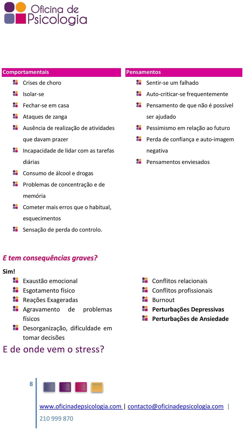 Pensamentos Sentir-se um falhado Auto-criticar-se frequentemente Pensamento de que não é possível ser ajudado Pessimismo em relação ao futuro Perda de confiança e auto-imagem negativa Pensamentos