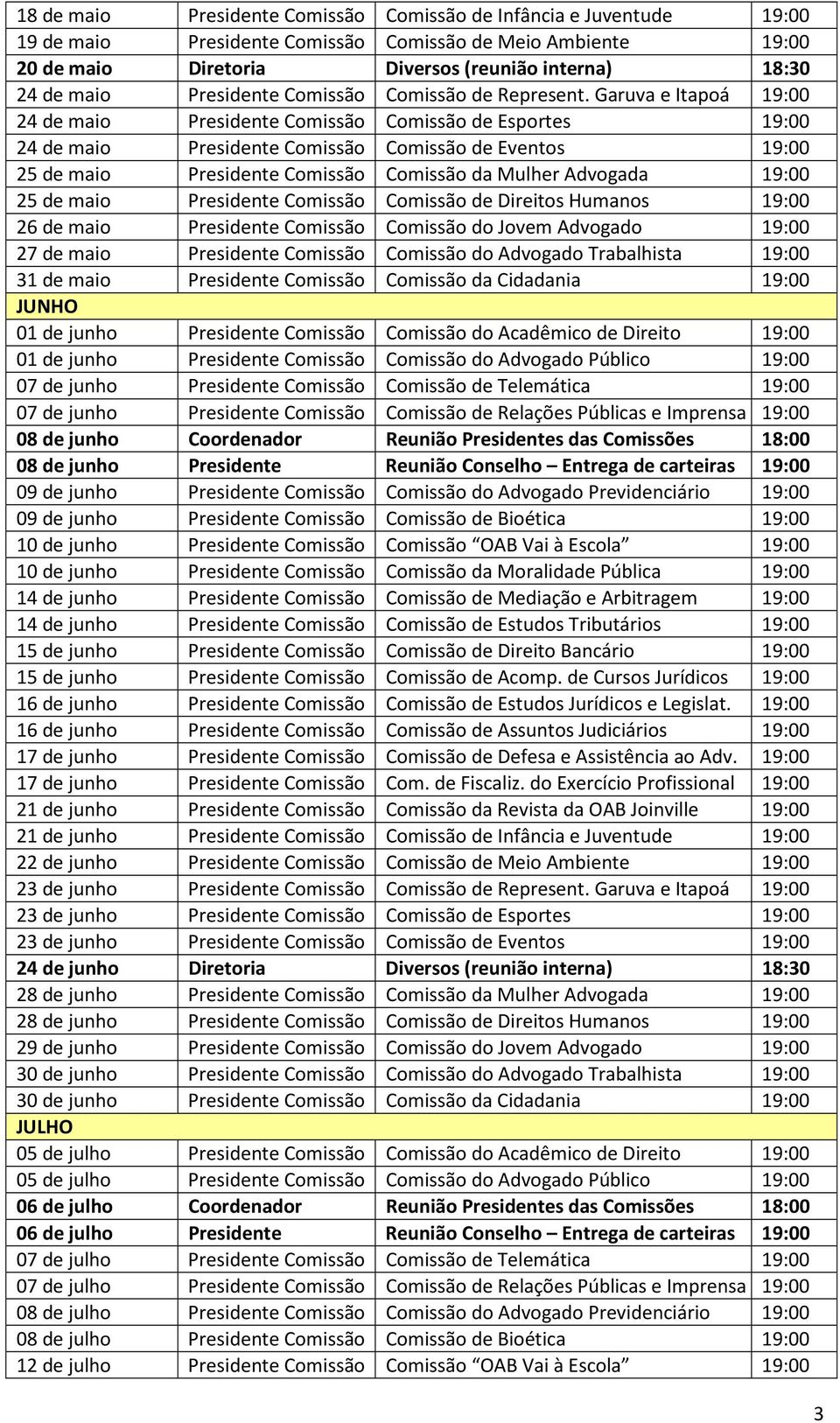 Garuva e Itapoá 19:00 24 de maio Presidente Comissão Comissão de Esportes 19:00 24 de maio Presidente Comissão Comissão de Eventos 19:00 25 de maio Presidente Comissão Comissão da Mulher Advogada