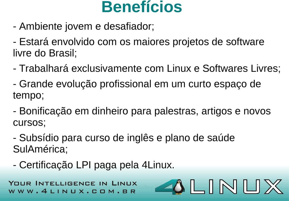 espaço de tempo; - Bonificação em dinheiro para palestras, artigos e novos cursos; - Subsídio para curso de