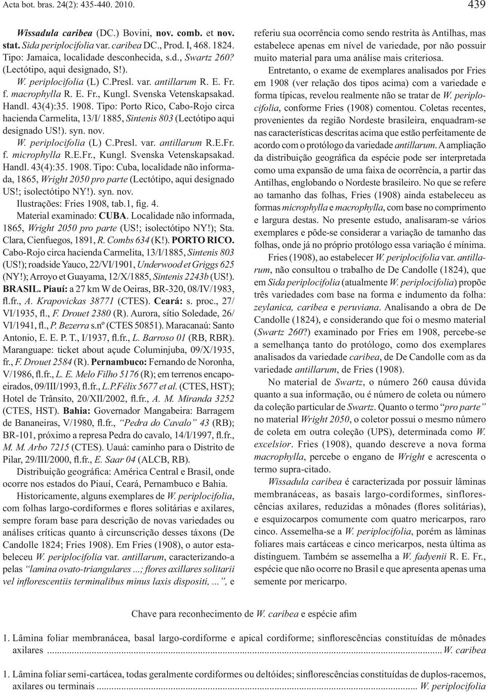 Tipo: Porto Rico, Cabo-Rojo circa hacienda Carmelita, 13/I/ 1885, Sintenis 803 (Lectótipo aqui designado US!). syn. nov. W. periplocifolia (L) C.Presl. var. antillarum R.E.Fr. f. microphylla R.E.Fr., Kungl.