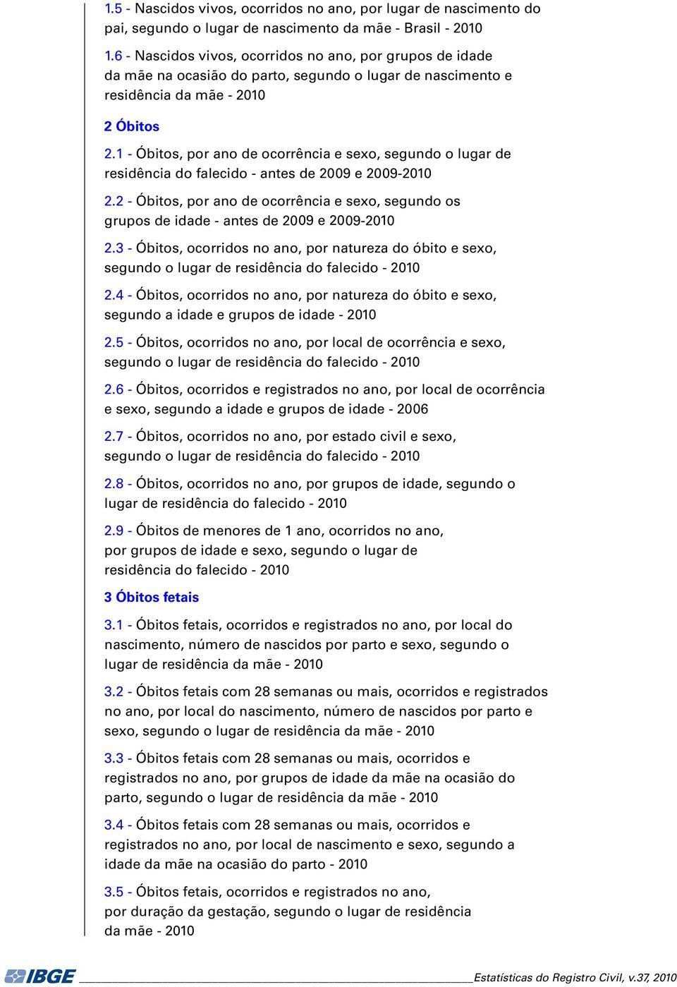 - Óbitos, por ano de ocorrência e sexo, segundo o lugar de residência do falecido - antes de 009 e 009-00. - Óbitos, por ano de ocorrência e sexo, segundo os grupos de idade - antes de 009 e 009-00.