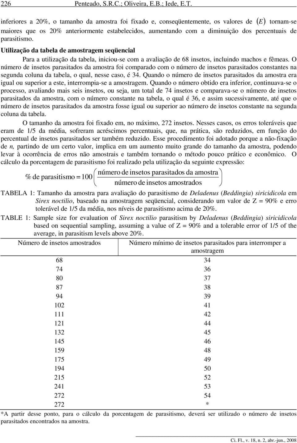 parasitismo. Utilização da tabela de amostragem seqüencial Para a utilização da tabela, iniciou-se com a avaliação de 68 insetos, incluindo machos e fêmeas.