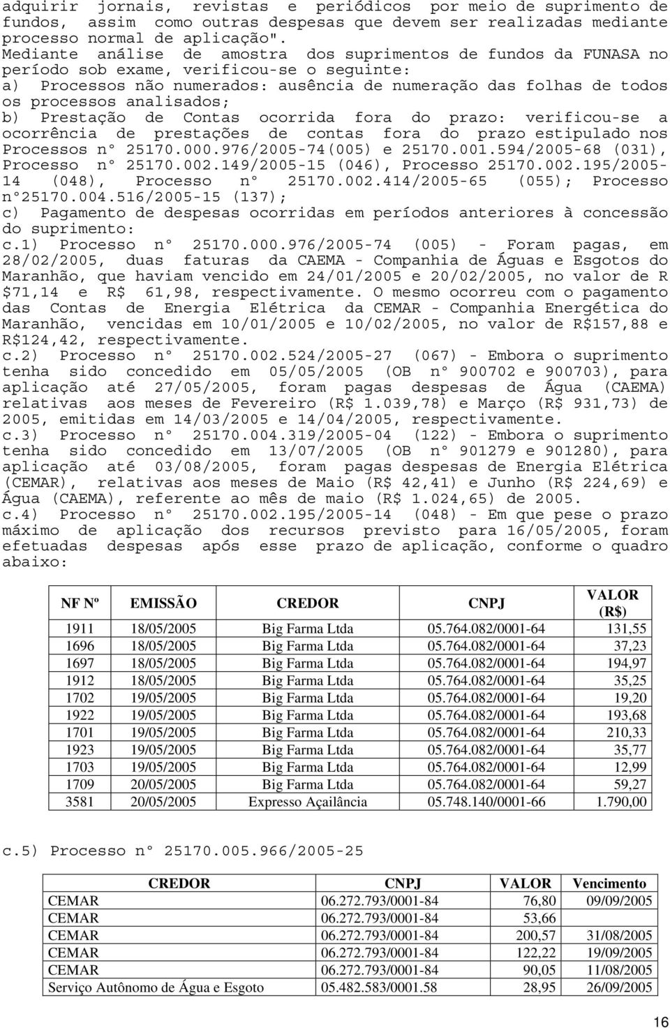 analisados; b) Prestação de Contas ocorrida fora do prazo: verificou-se a ocorrência de prestações de contas fora do prazo estipulado nos Processos nº 25170.000.976/2005-74(005) e 25170.001.