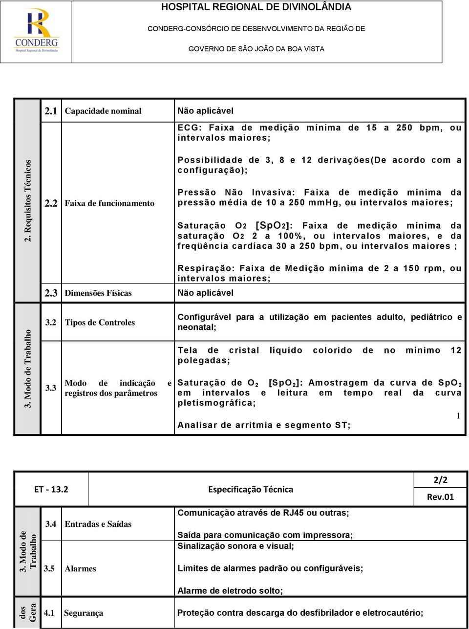 2 Faixa de funcionamento Pressão Não Invasiva: Faixa de medição mínima da pressão média de 10 a 250 mmhg, ou intervalos maiores; 2.