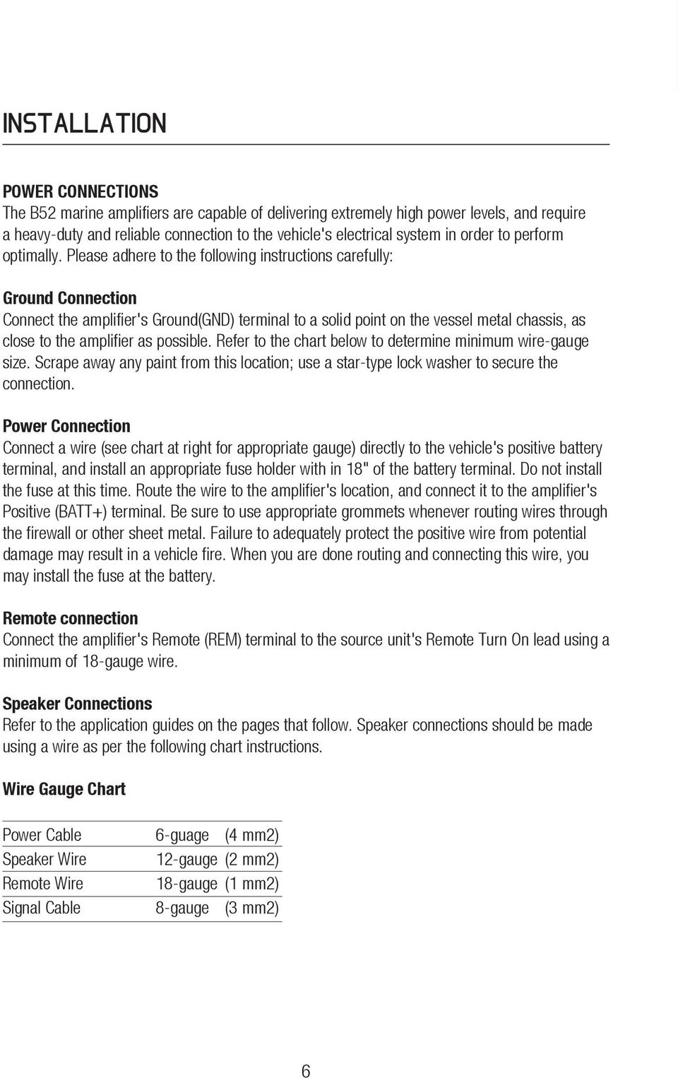 Please adhere to the following instructions carefully: Ground Connection Connect the amplifier's Ground(GND) terminal to a solid point on the vessel metal chassis, as close to the amplifier as