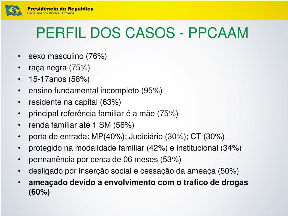 MP(40%); Judiciário (30%); CT (30%) protegido na modalidade familiar (42%) e institucional (34%) permanência por cerca de