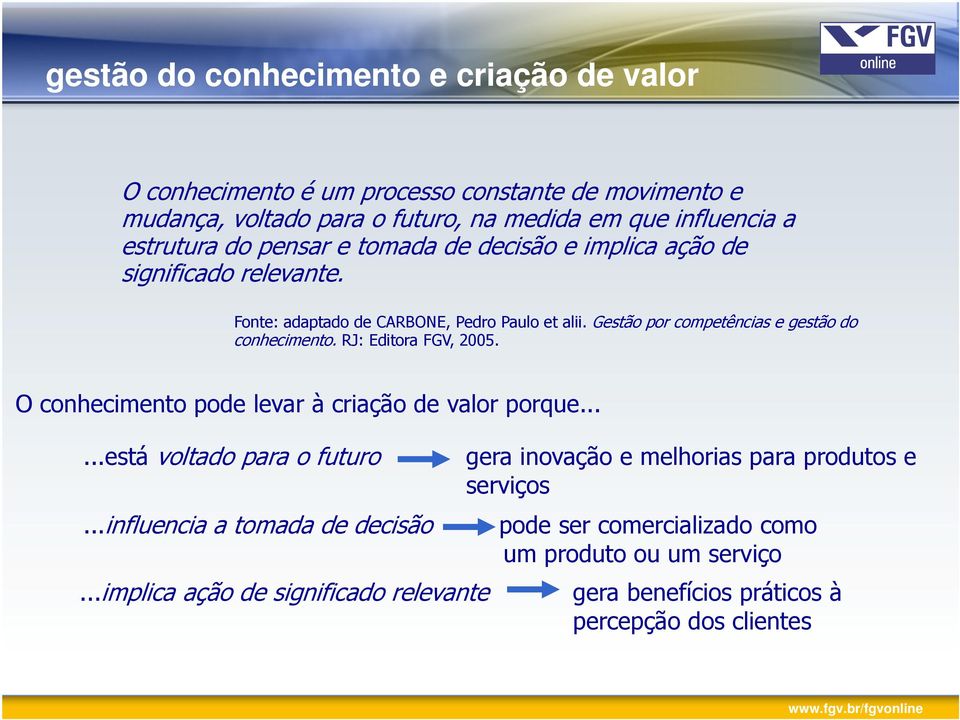 Gestão por competências e gestão do conhecimento. RJ: Editora FGV, 2005. O conhecimento pode levar à criação de valor porque.