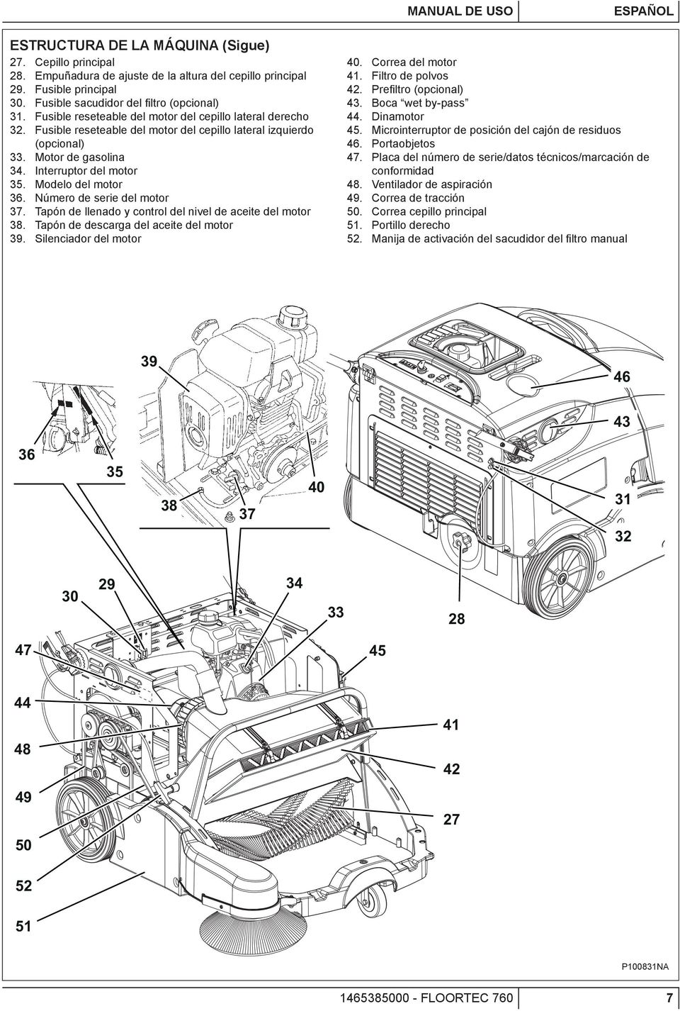 Interruptor del motor 35. Modelo del motor 36. Número de serie del motor 37. Tapón de llenado y control del nivel de aceite del motor 38. Tapón de descarga del aceite del motor 39.