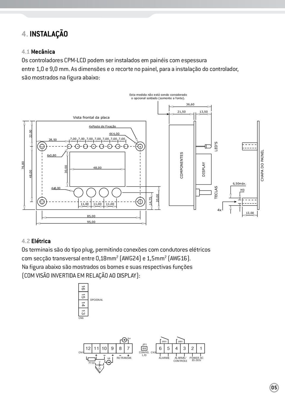 36,60 Vista frontal da placa 21,50 13,50 4xPoste de Fixação 22,00 28,50 4X4,00 7,00 7,00 7,00 7,00 7,00 7,00 7,00 76,80 48,00 6x3,80 30,00 48,00 COMPONENTES DISPLAY LED'S CHAPA DO PAINEL 6,50máx.