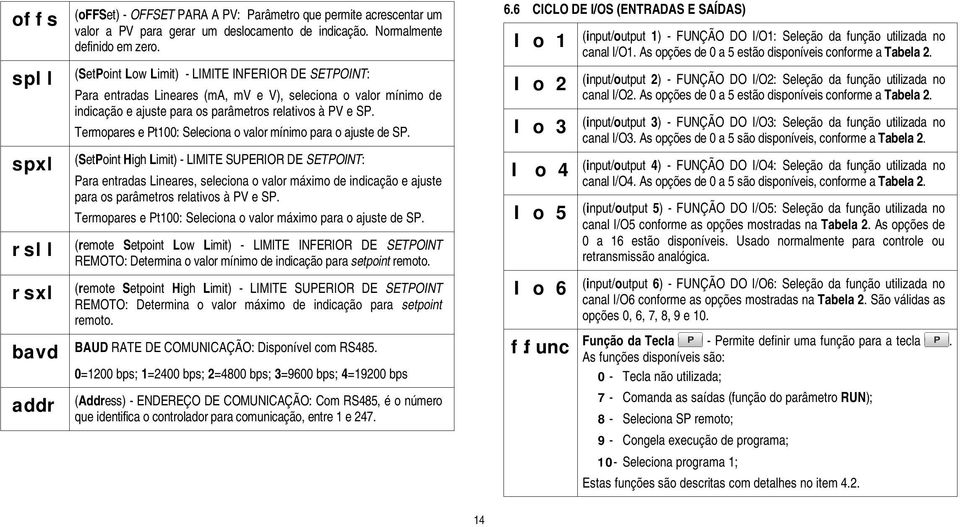 Termopares e Pt100: Seleciona o valor mínimo para o ajuste de SP.