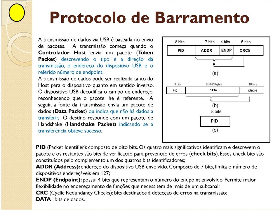 A transmissão de dados pode ser realizada tanto do Host para o dispositivo quanto em sentido inverso. O dispositivo USB decodifica o campo de endereço, reconhecendo que o pacote lhe é referente.