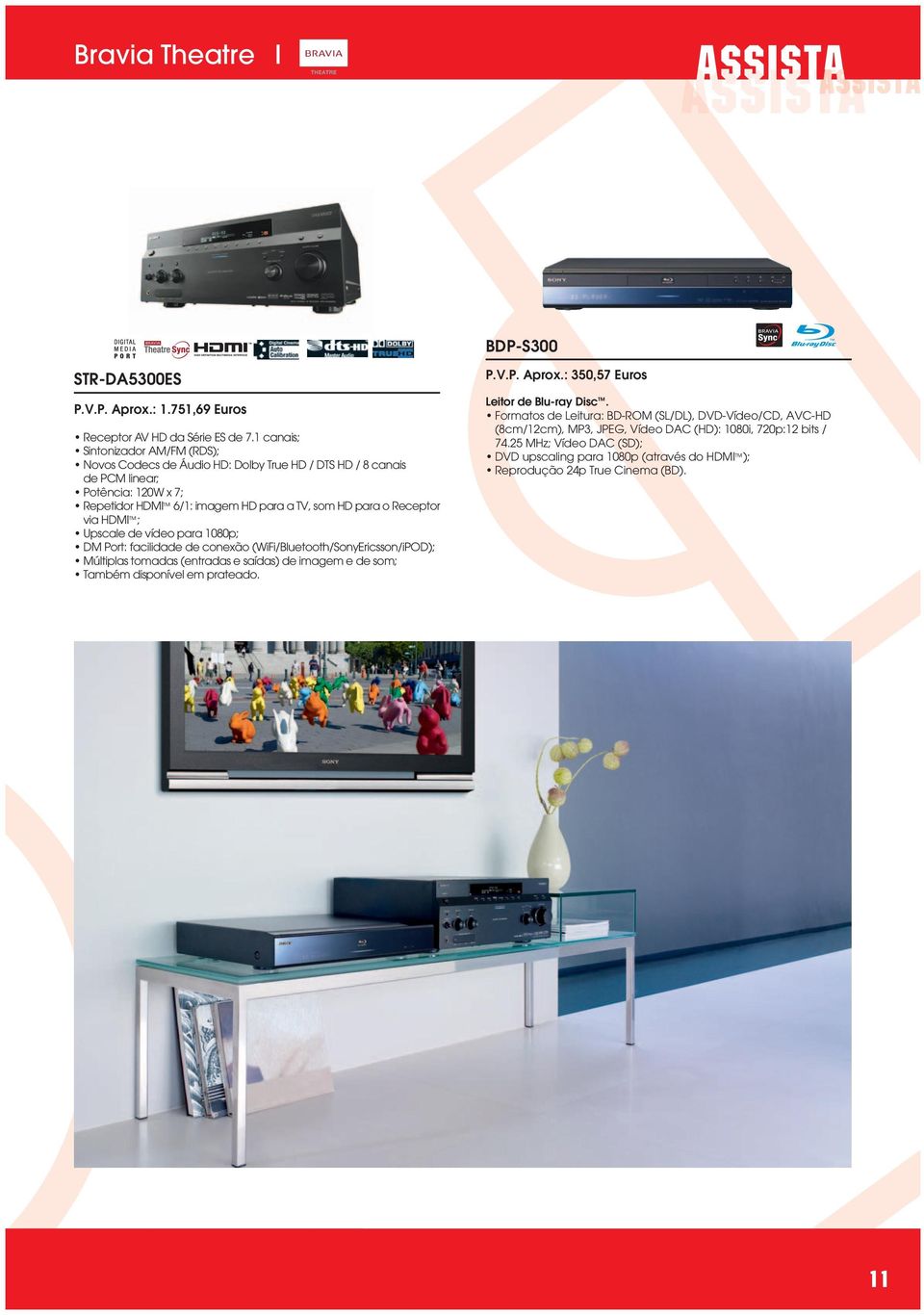 Receptor via HDMI ; Upscale de vídeo para 1080p; DM Port: facilidade de conexão (WiFi/Bluetooth/SonyEricsson/iPOD); Múltiplas tomadas (entradas e saídas) de imagem e de som; Também disponível
