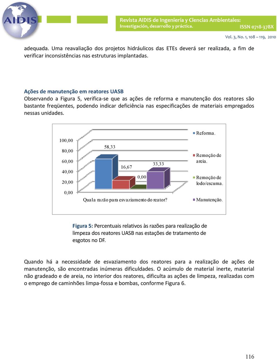 materiais empregados nessas unidades. Reforma. 10 8 6 4 2 58,33 16,67 33,33 Remoção de areia. Remoção de lodo/escuma. Qual a razão para esvaziamento do reator? Manutenção.