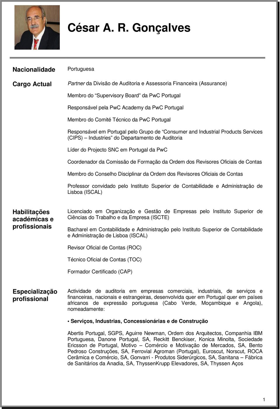 Portugal Membro do Comité Técnico da PwC Portugal Responsável em Portugal pelo Grupo de Consumer and Industrial Products Services (CIPS) Industries do Departamento de Auditoria Líder do Projecto SNC