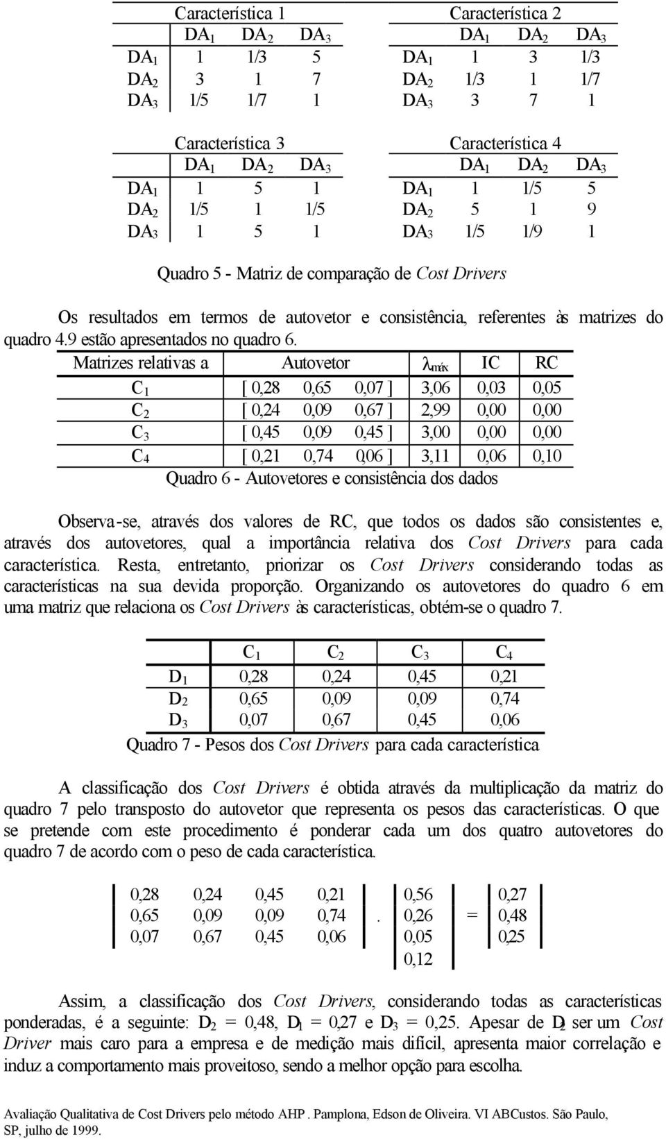 matrizes do quadro 4.9 estão apresentados no quadro 6.