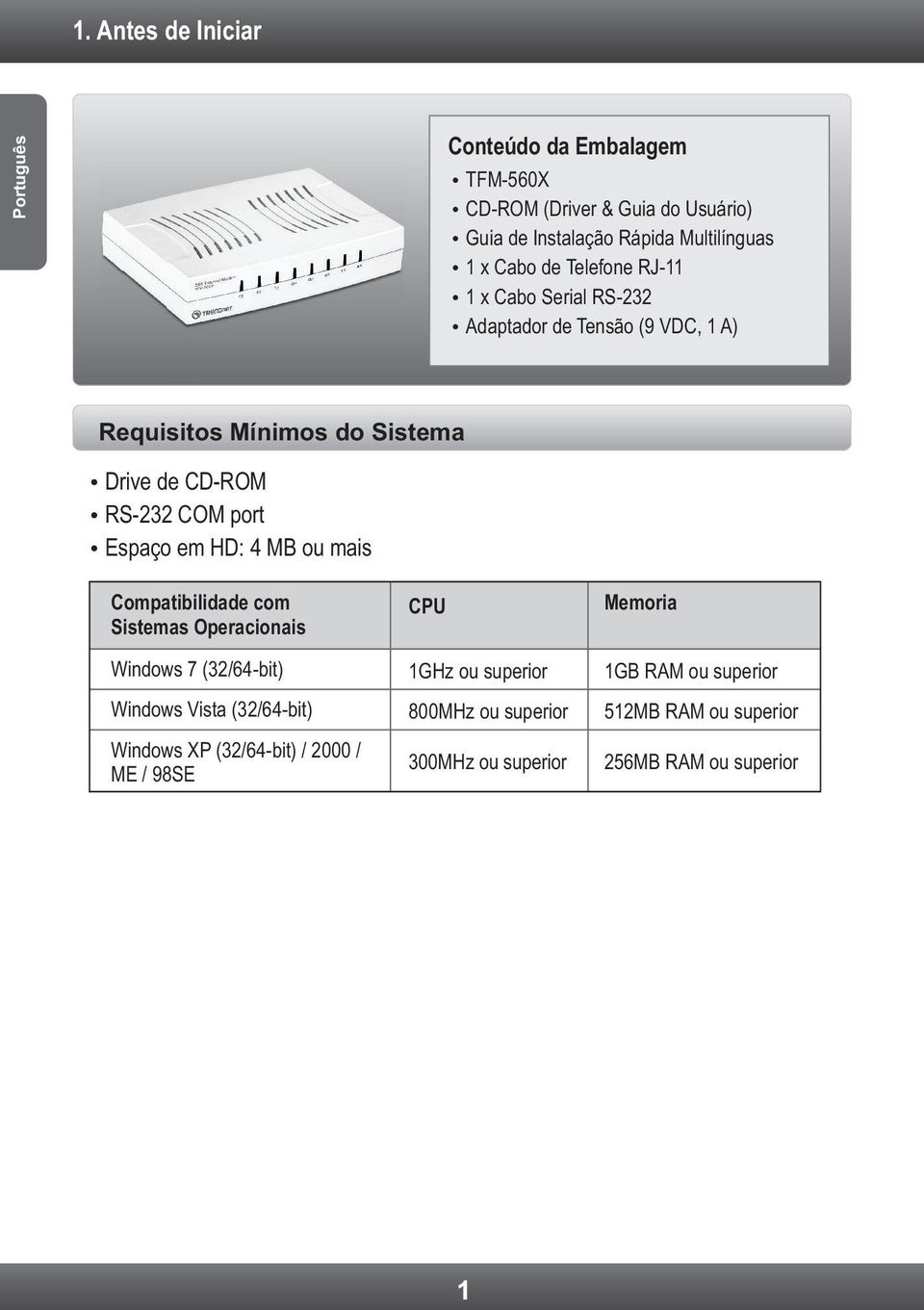 ŸDrive de CD-ROM ŸRS-232 COM port ŸEspaço em HD: 4 MB ou mais Compatibilidade com Sistemas Operacionais Windows 7 (32/64-bit) Windows Vista (32/64-bit) Windows