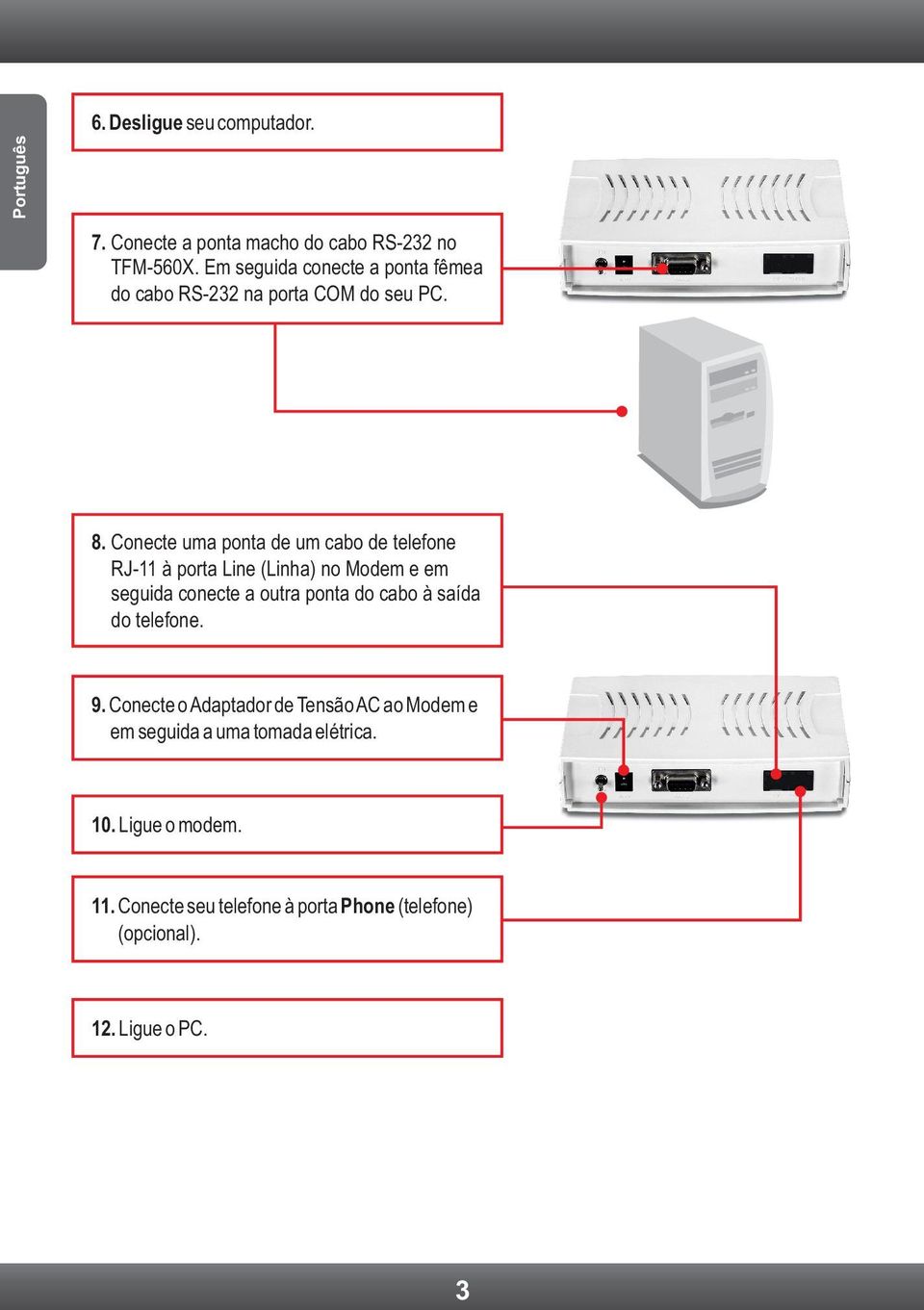 Conecte uma ponta de um cabo de telefone RJ-11 à porta Line (Linha) no Modem e em seguida conecte a outra ponta do cabo à