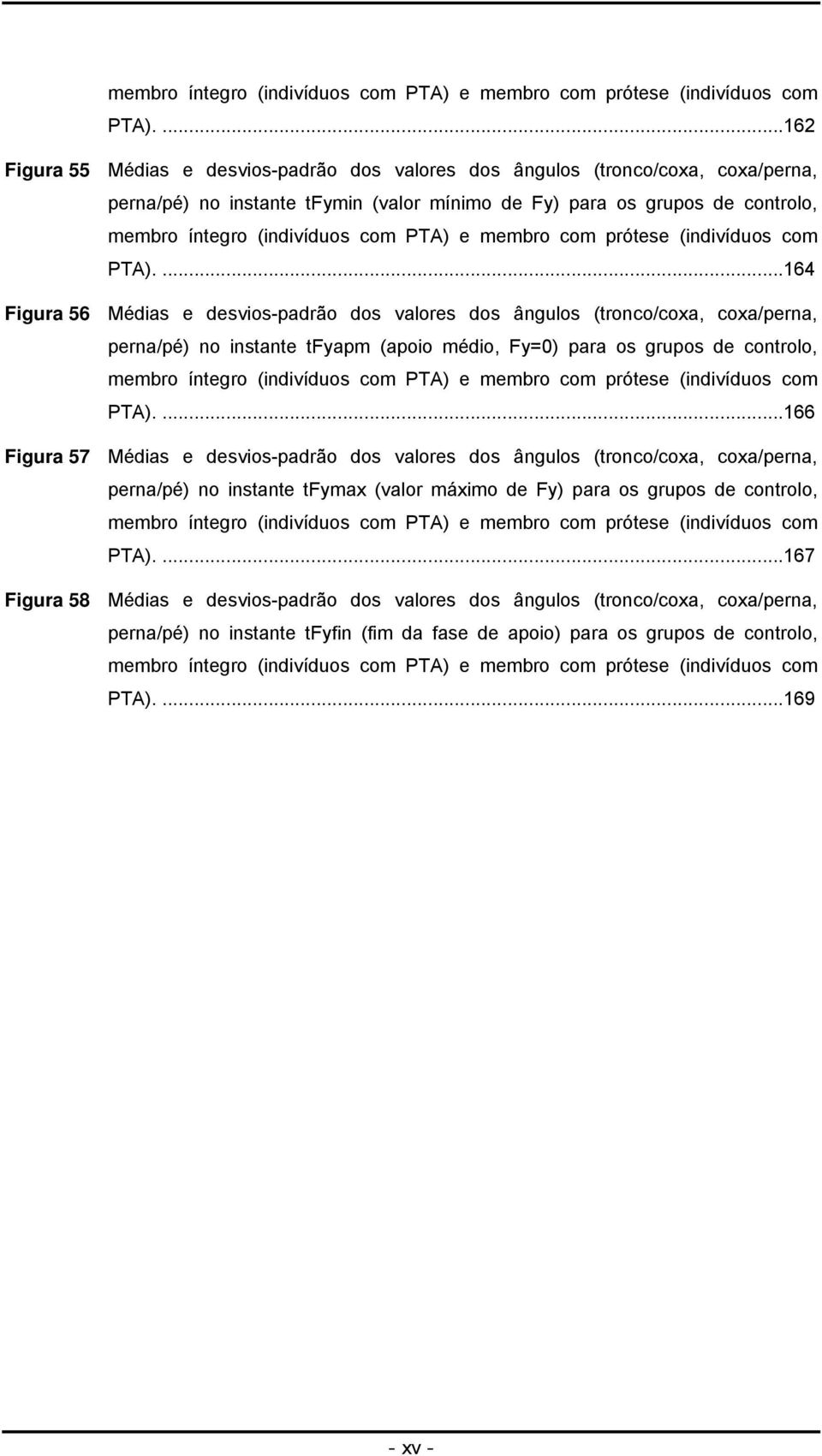 ..164 Figura 56 Médias e desvios-padrão dos valores dos ângulos (tronco/coxa, coxa/perna, perna/pé) no instante tfyapm (apoio médio, Fy=0) para os grupos de controlo, .