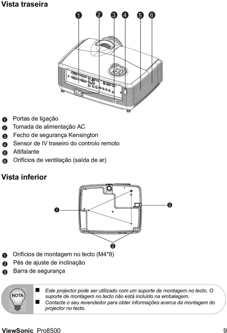 ajuste de inclinação Barra de segurança 2 NOTA Este projector pode ser utilizado com um suporte de montagem no tecto.