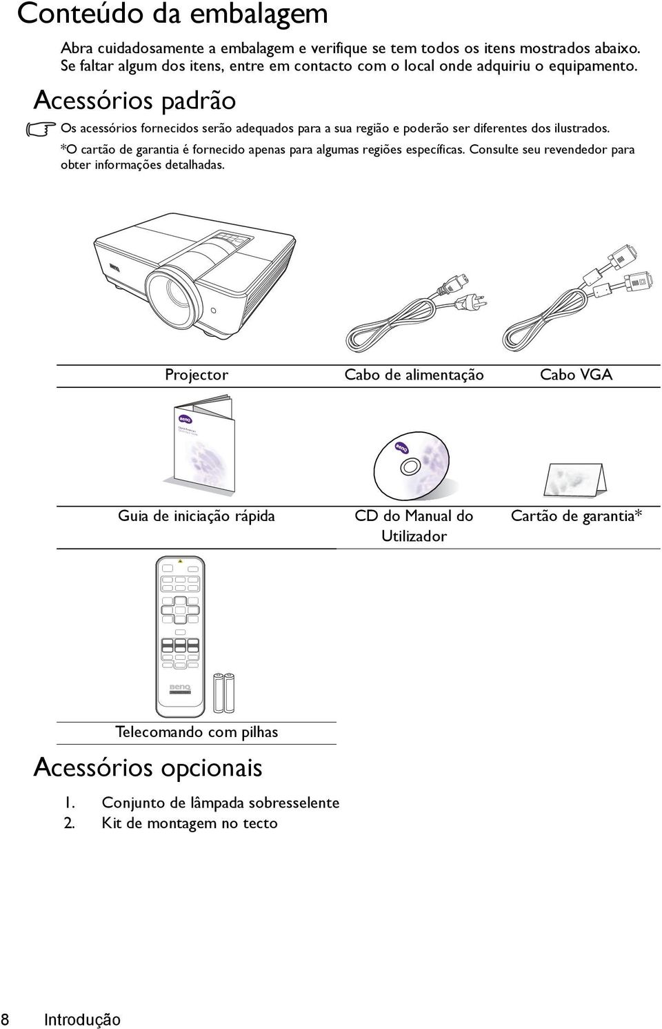 Acessórios padrão Os acessórios fornecidos serão adequados para a sua região e poderão ser diferentes dos ilustrados.