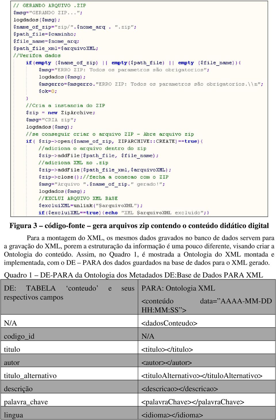 Assim, no Quadro 1, é mostrada a Ontologia do XML montada e implementada, com o DE PARA dos dados guardados na base de dados para o XML gerado.