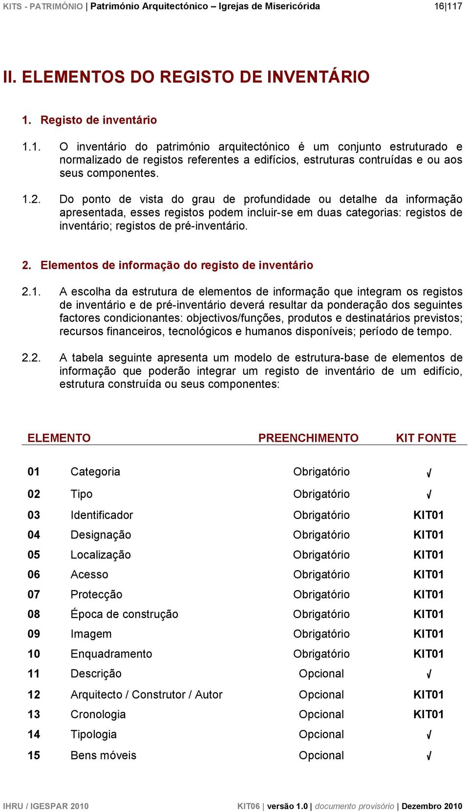 Elementos de informação do registo de inventário 2.1.